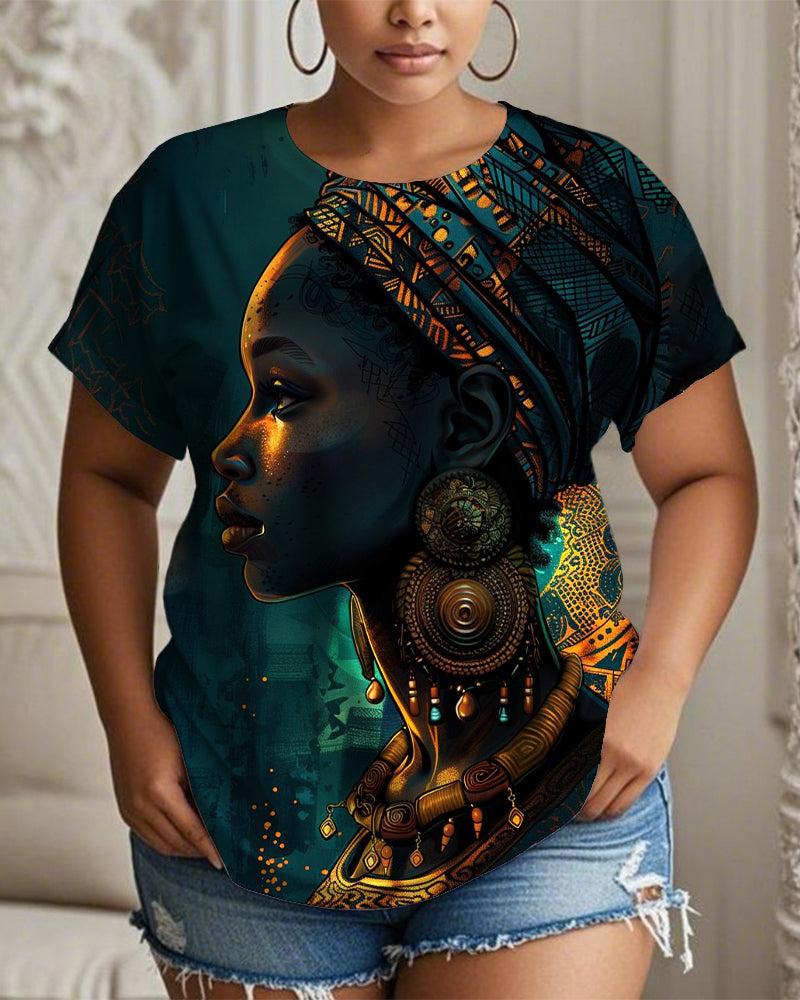Retro Shadow and Light Portrait Print Crew Neck Short Sleeve T-shirt