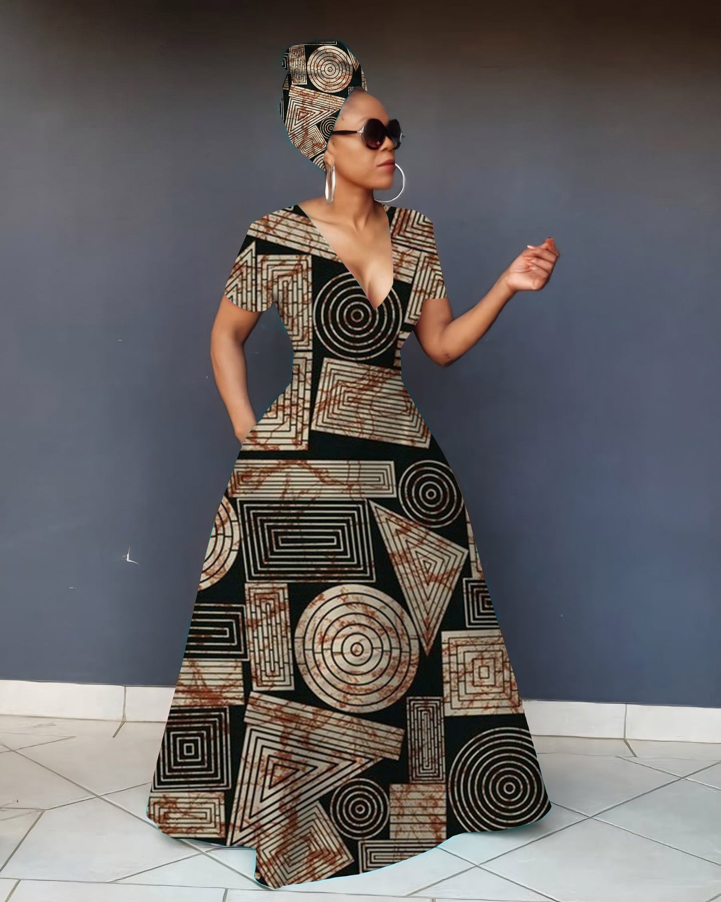 V Neck African Tribal Geometric Print Short Sleeve Maxi Dress