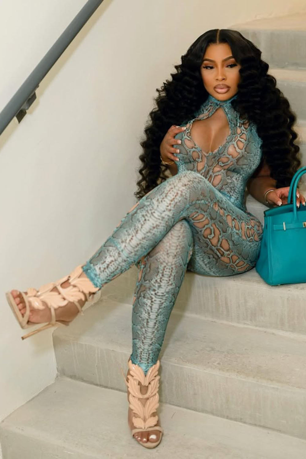 Snake Print Keyhole Neck Sleeveless Bodycon Party Jumpsuit-Green