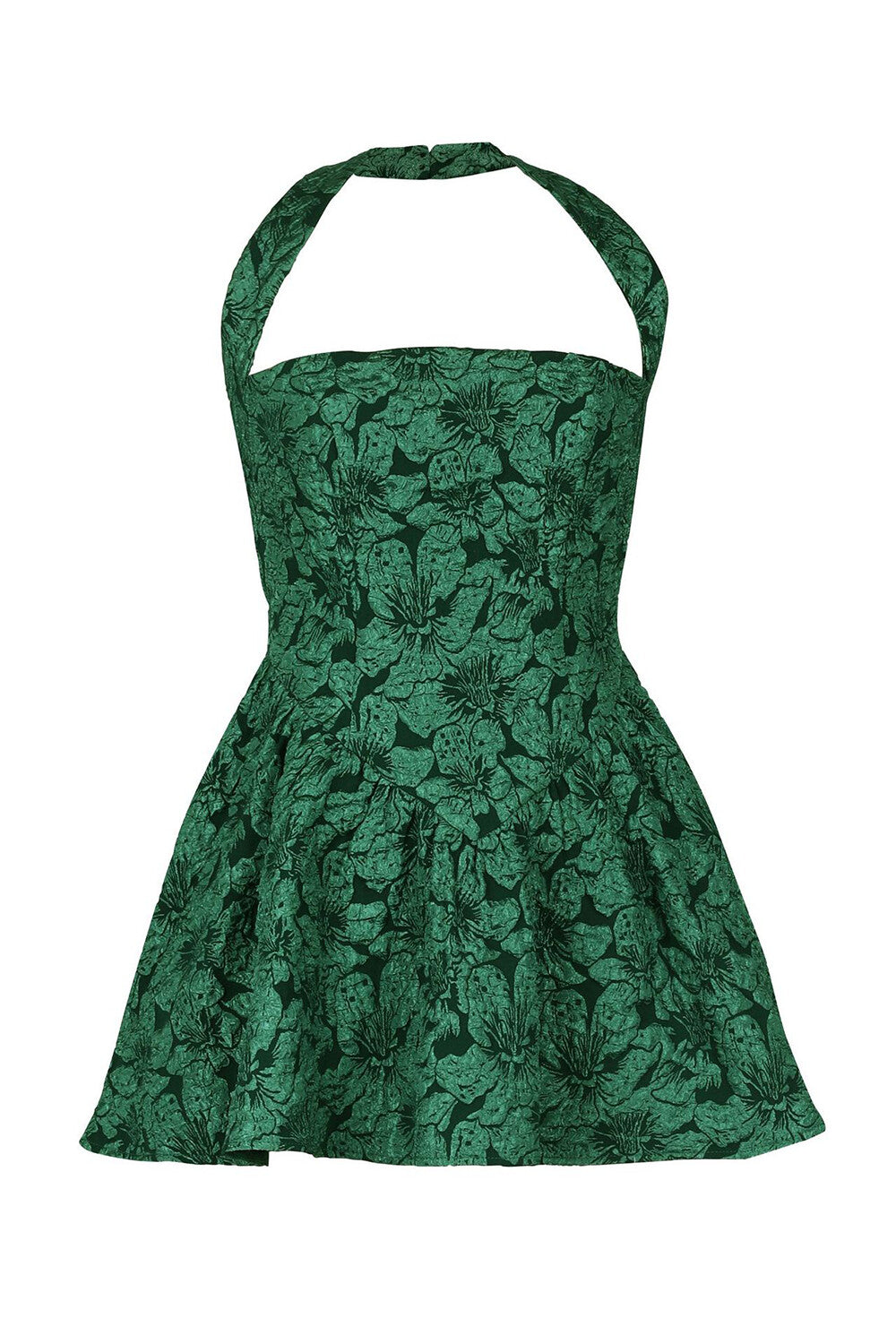 Floral Pattern Cinch Waist Halter Neck Mini Dresses-Green