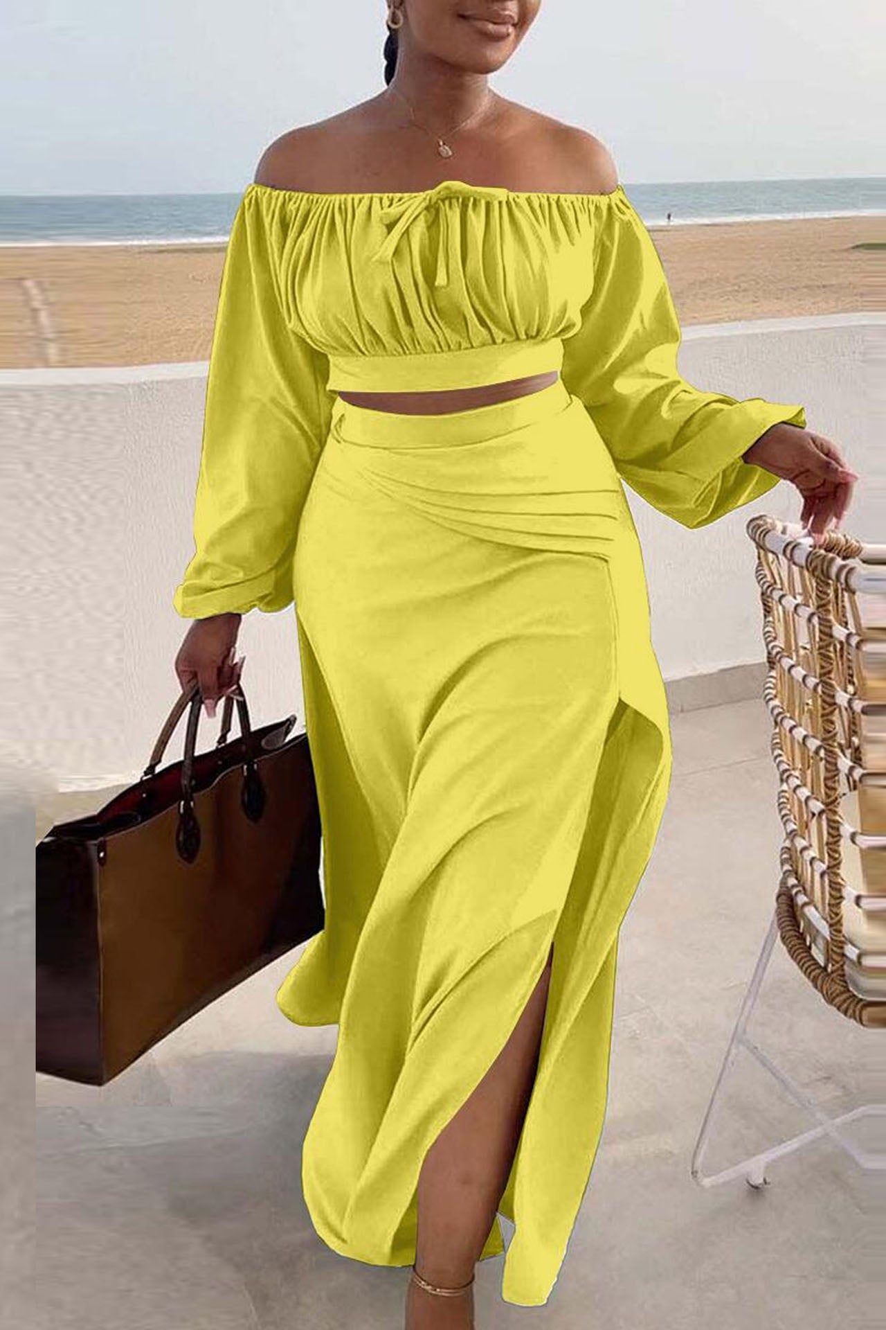 Off Shoulder Long Sleeve Ruched Crop Top High Slit Maxi Skirt Matching Set
