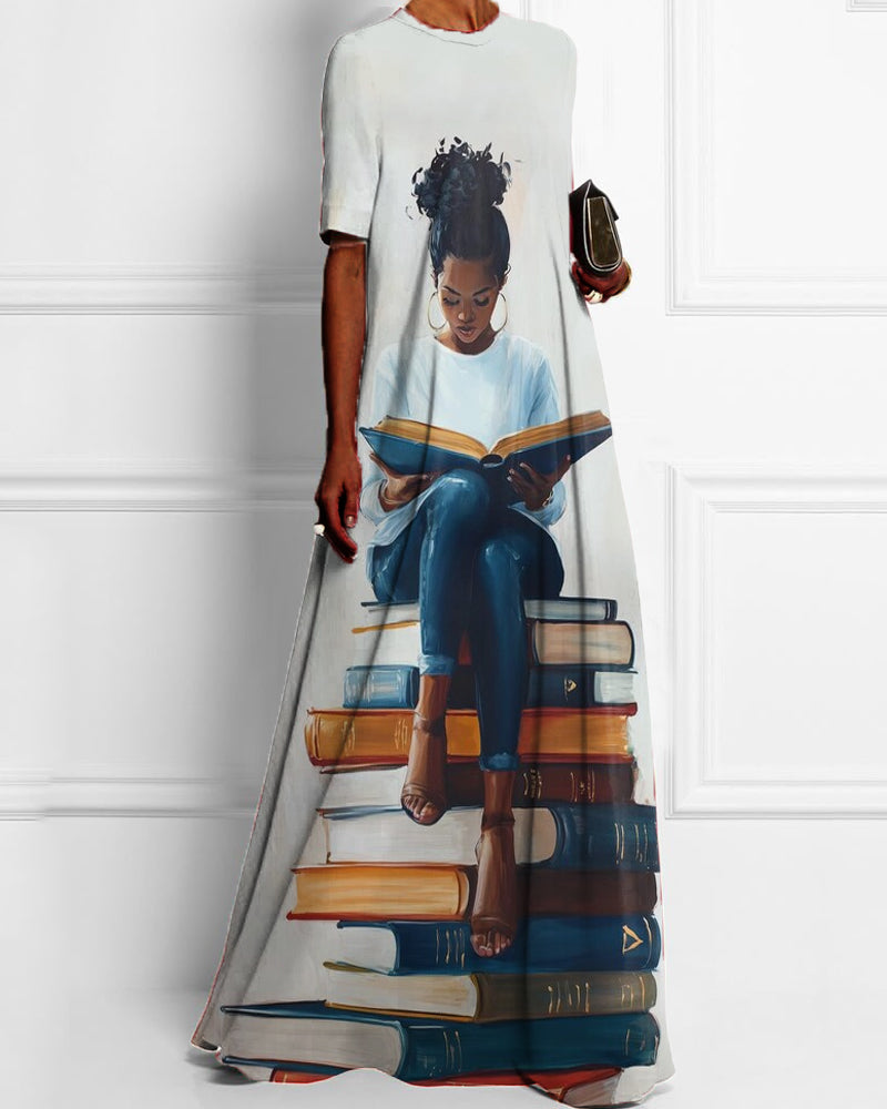 Black Girls Reading Printed Short Sleeve Long Dress