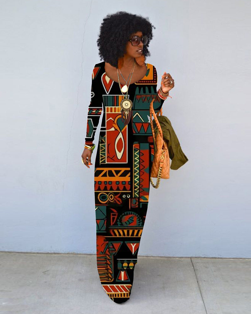 Retro Tribal Print Crew Neck Long Sleeve Dress