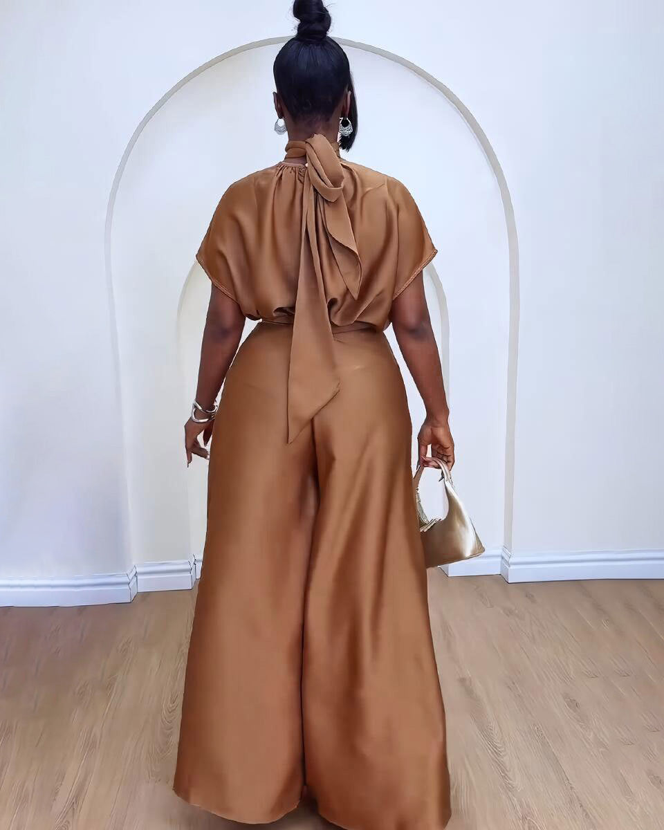 Temperament Commuter Style Satin Silky Strap Flying Sleeve Wide Leg Two-Piece Suit