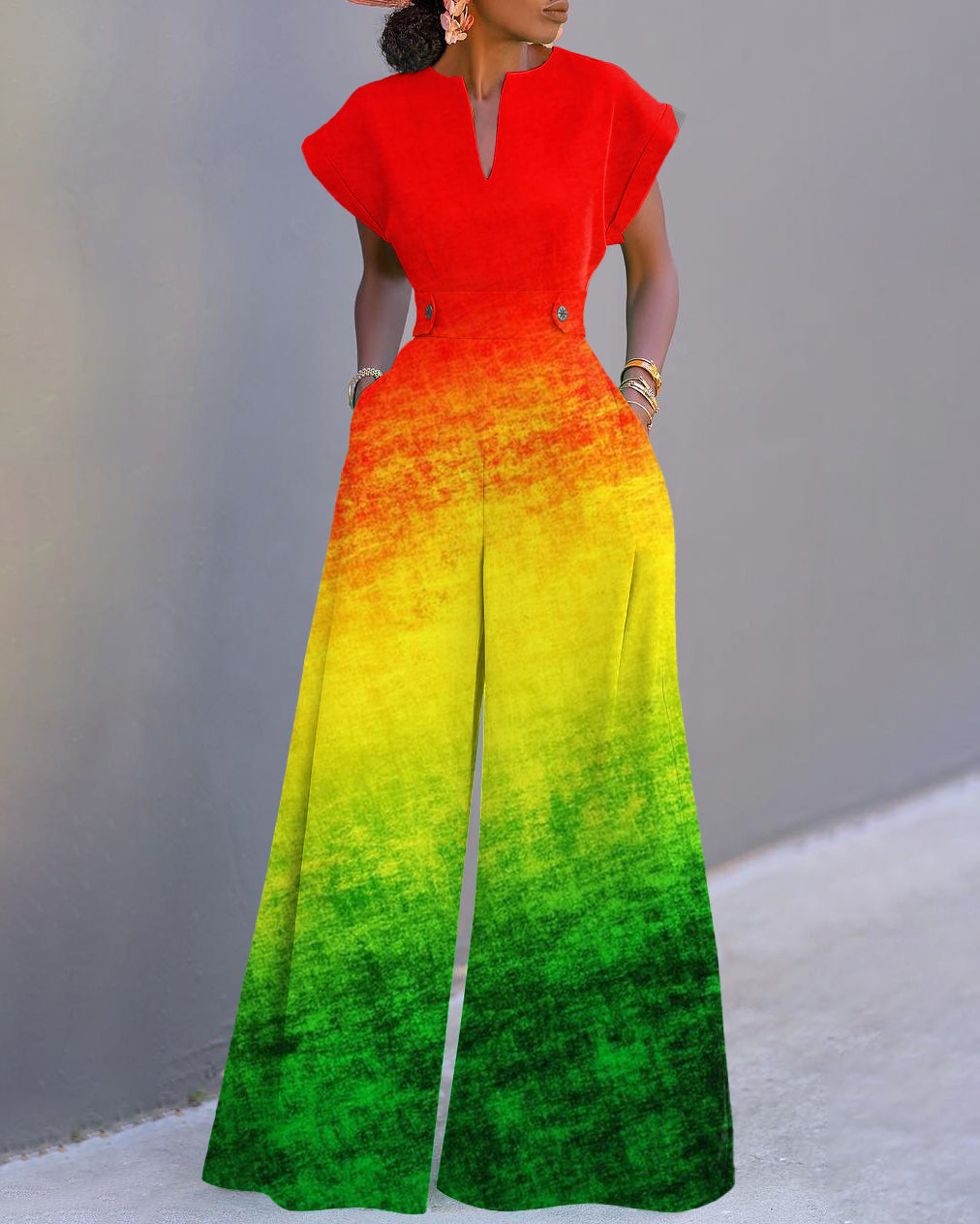 Reggae Color Contrast Neckline Batwing Sleeve Wide Leg Jumpsuit