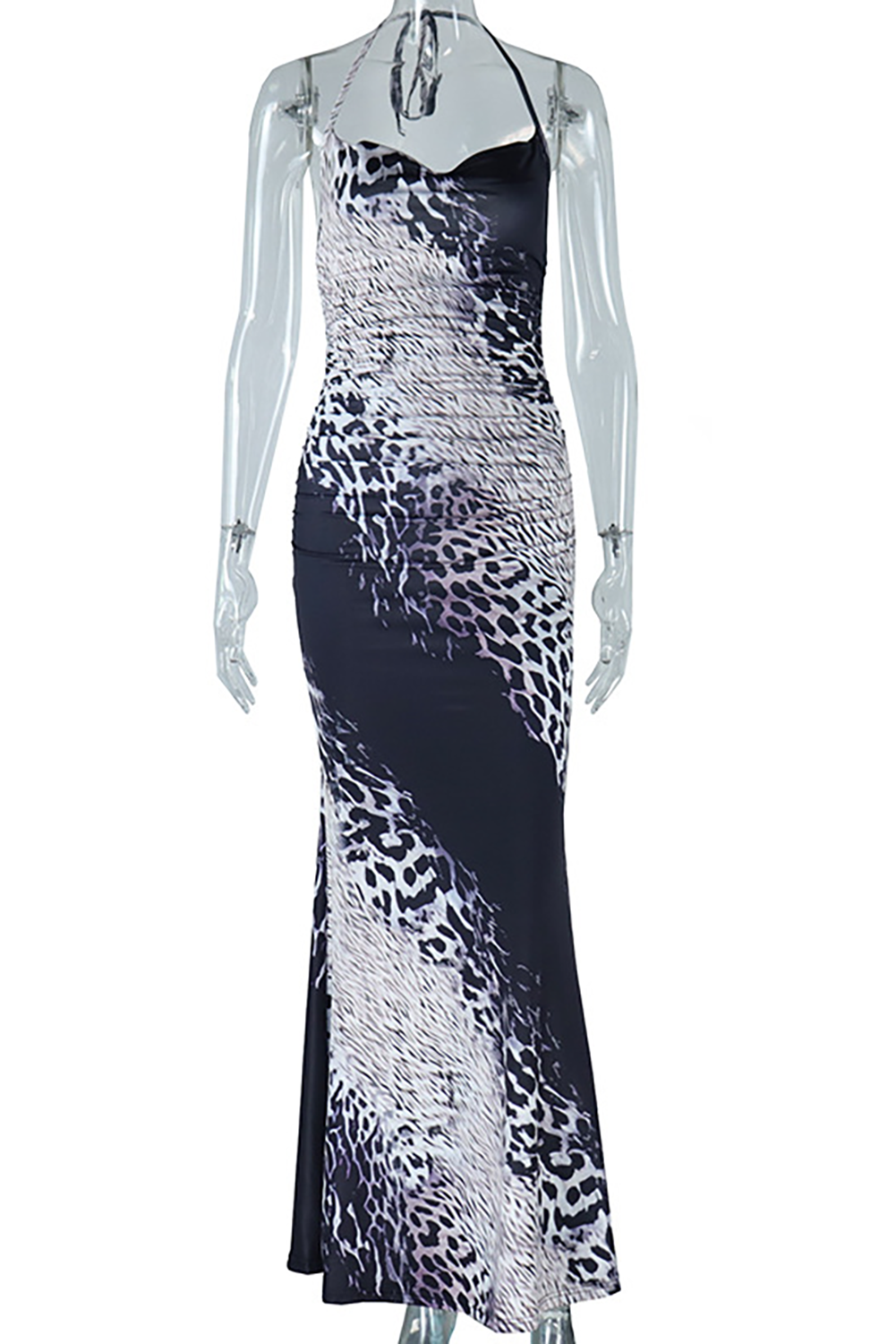 Animal Print Halter Neck Bodycon Cocktail Party Maxi Dresses-Black