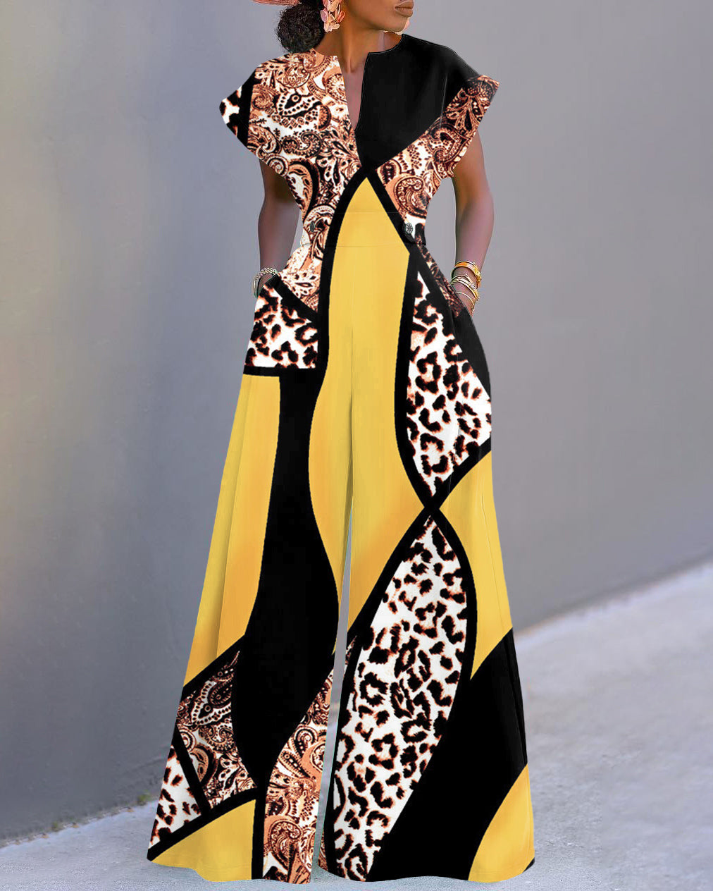 Leopard Print Geometric Patchwork Neckline Batwing Sleeve Wide Leg Jumpsuit