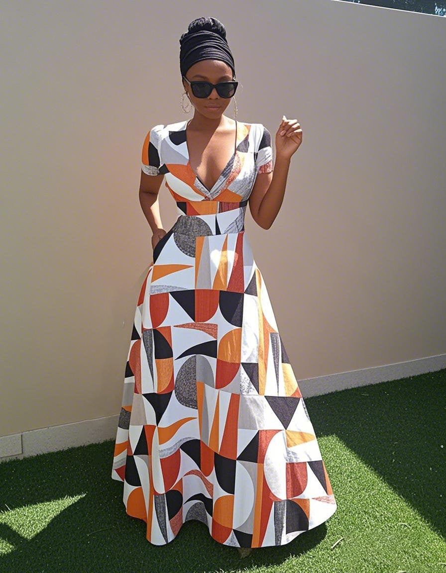 V Neck African Orange Geometric Print Short Sleeve Maxi Dress