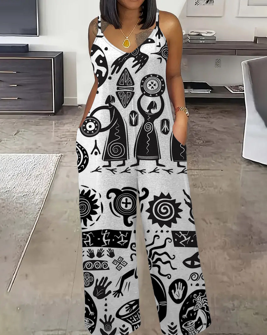 African Retro Tribal Print Spaghetti Strap Casual Jumpsuit