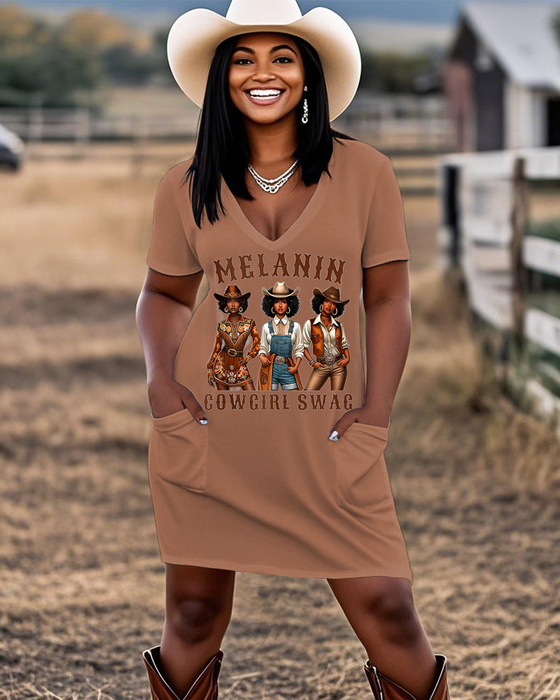 Melanin Cool Cowgirl Swag Casual V-neck Pocket Dress