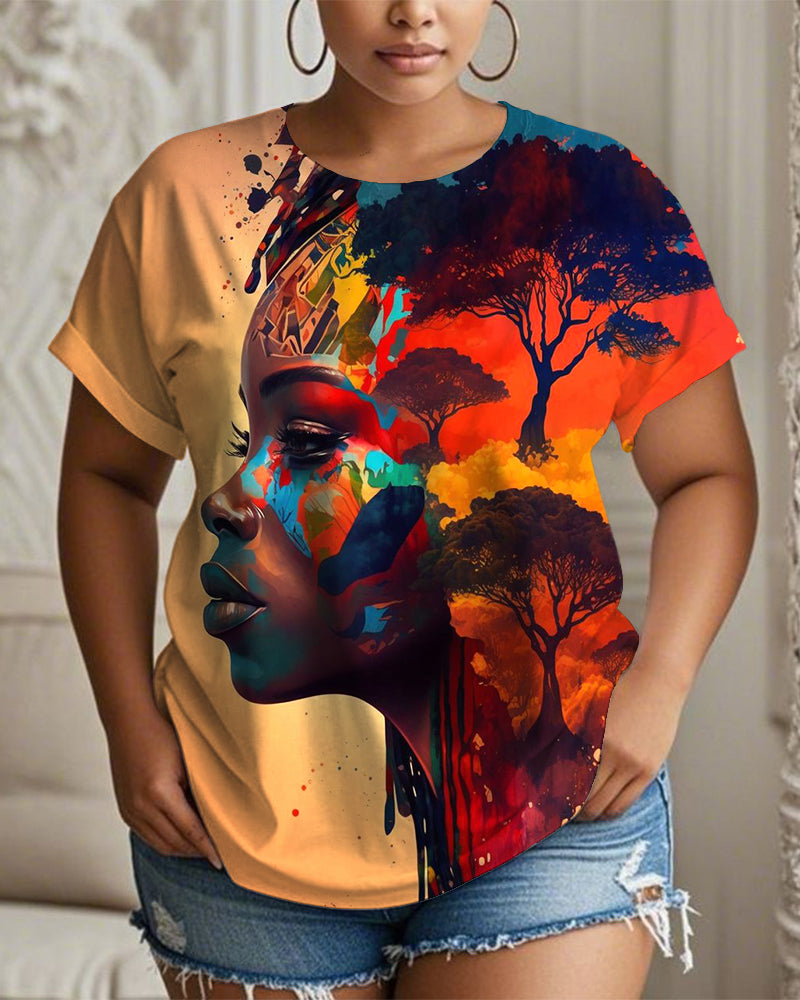 Fashionable African Portrait Print Crew Neck Short Sleeve T-shirt