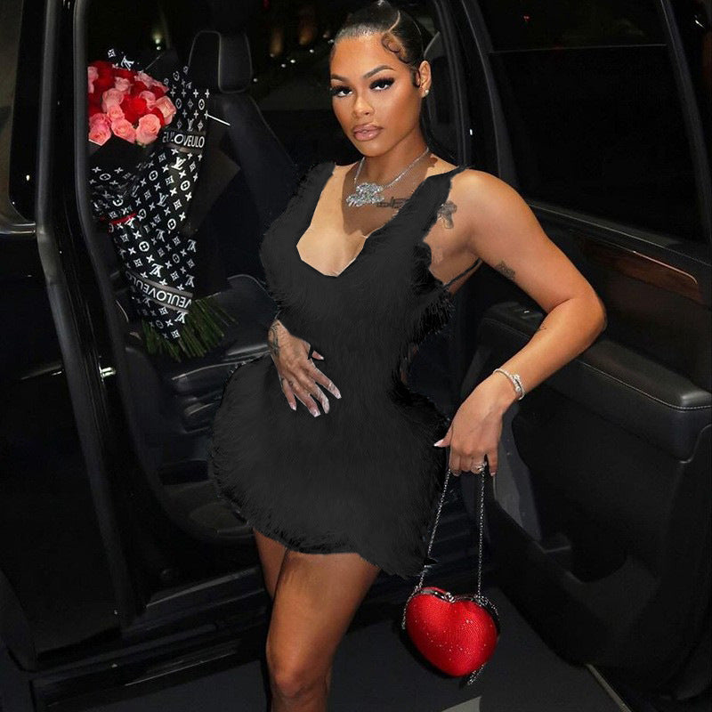 Sexy Hollow Backless Zipper Solid Color Furry Sling Sheath Dress