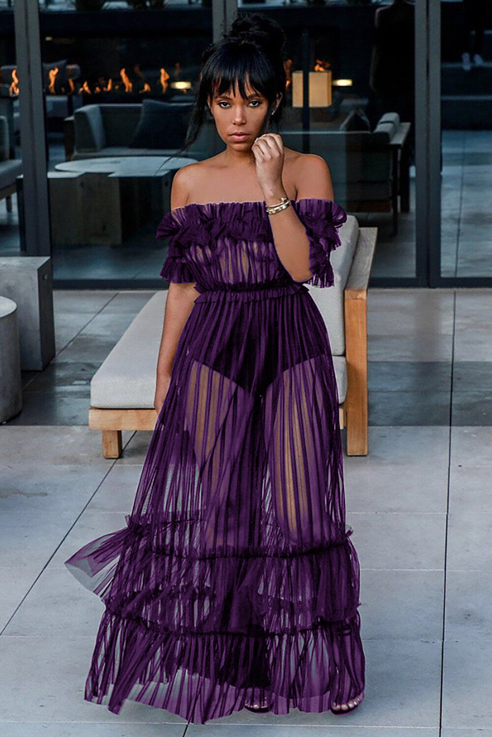 See Through Striped Mesh Frilled Off Shoulder A-Line Maxi Dresses-Orange