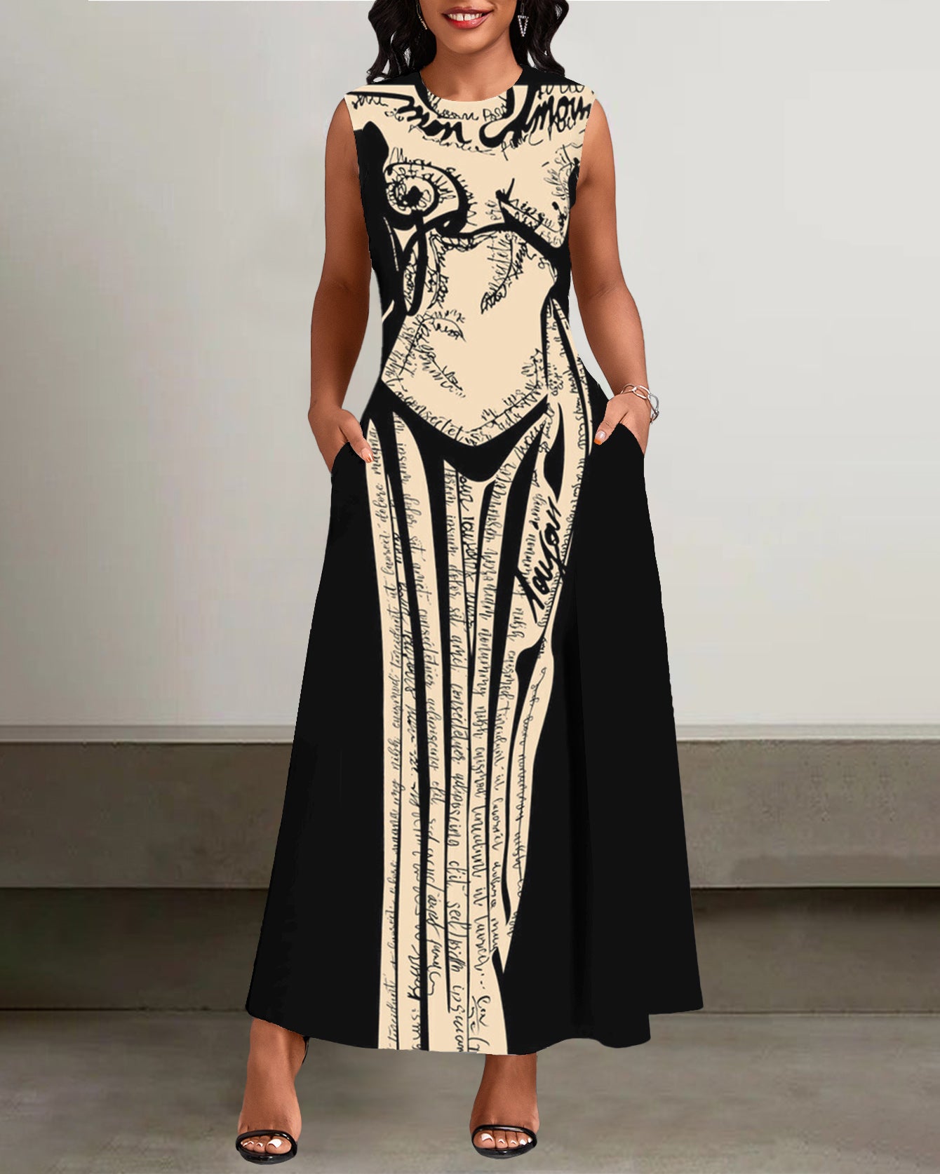 Sexy Body Art Print Pockets Casual Dress