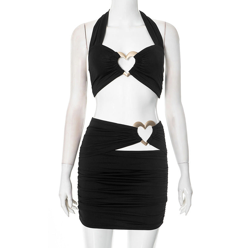 Sexy Hot Girl Halter Love Metal Buckle Hollow out Top and Skirt Two-Piece Suit