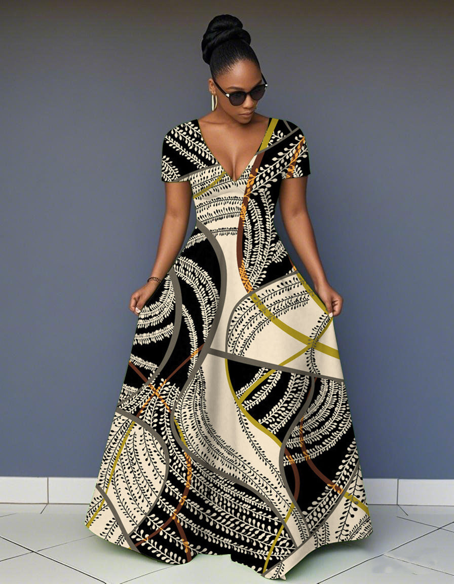 V Neck Plant Leaf Print Short Sleeve Maxi Dress