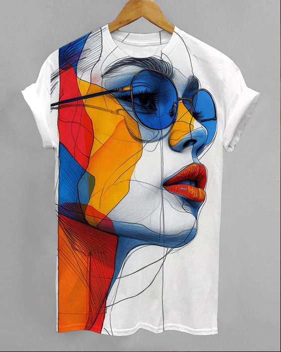 Line Contrasting Face Art Round Neck Short Sleeve Shirt
