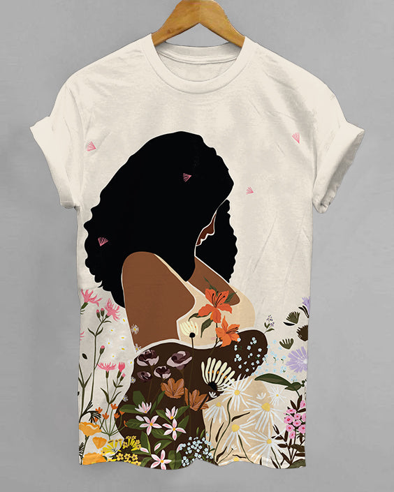 Plants Flowers Brown Girl Crew Neck Short Sleeve Tshirt