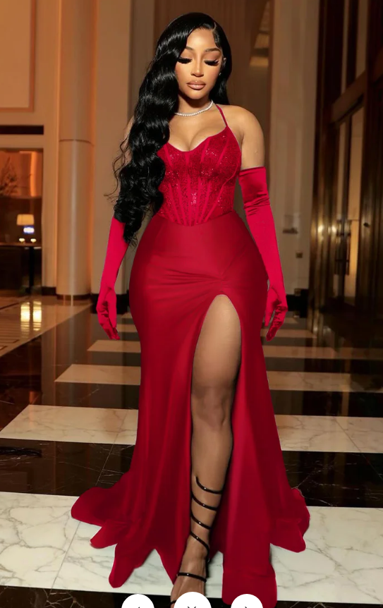 Tiktok Halter Mermaid Hem High Slit Party Corset Maxi Dresses-Black