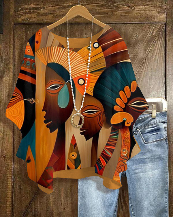 Retro Tribal Contrast Print Crew Neck Casual Blouses