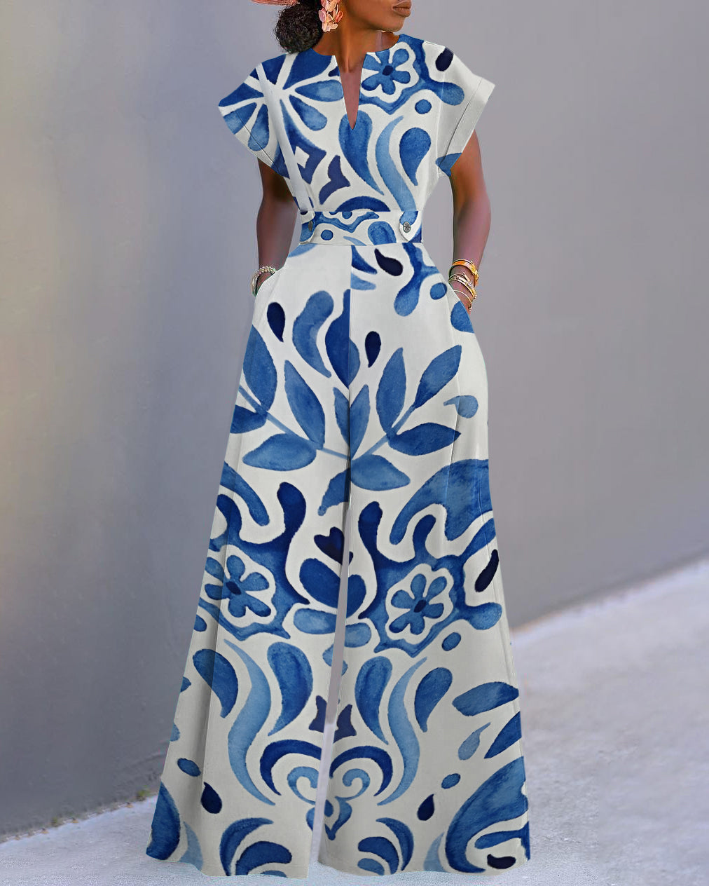 Blue Retro Floral Neckline Batwing Sleeve Wide Leg Jumpsuit