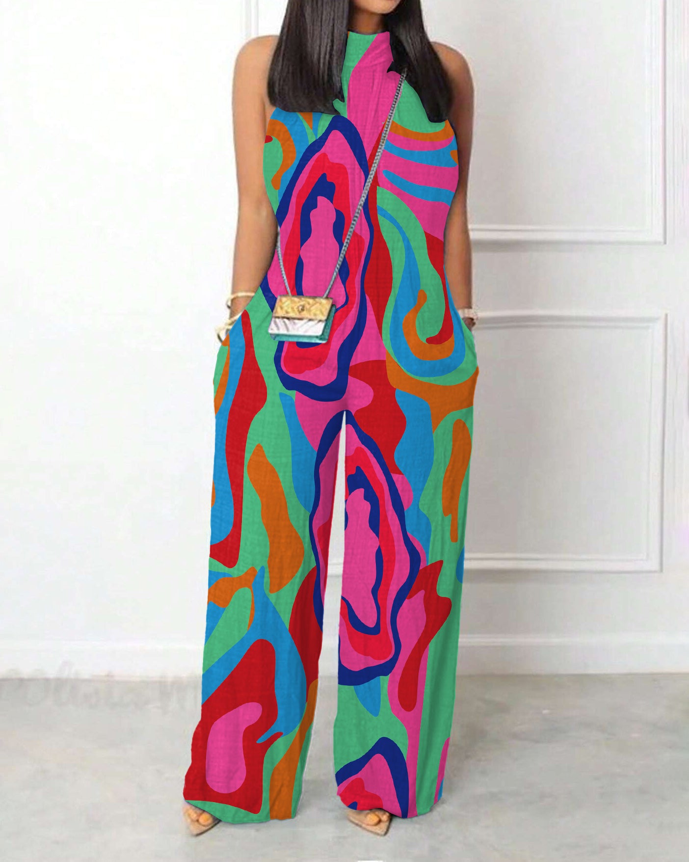 Colorful Wavy Stripes Sleeveless Pleated Halter Pockets Jumpsuit