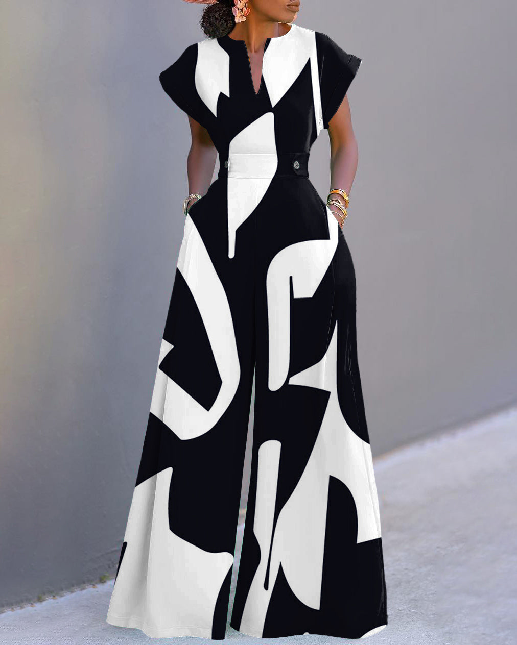 White Stripe Print Neckline Batwing Sleeve Wide Leg Jumpsuit