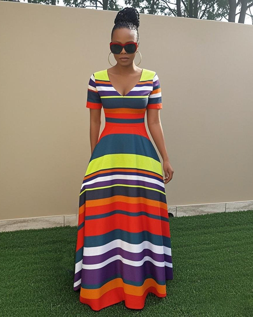 V Neck Multicolor Stripes Print Short Sleeve Maxi Dress