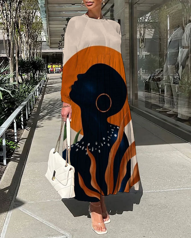 Full Moon Black Woman Illustration Long Sleeve Casual Dress