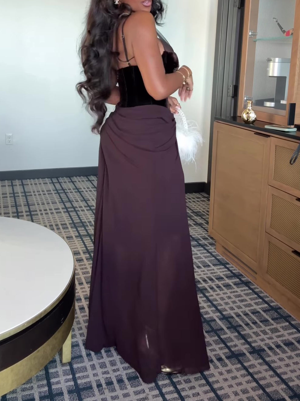 Brown Velvet-Bodice Maxi Dress With Draped Skirt