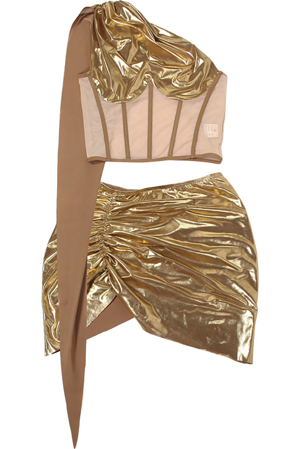 One Shoulder Corset Metallic Finish Ruched Fitted Mini Skirt 2pcs Set-Gold