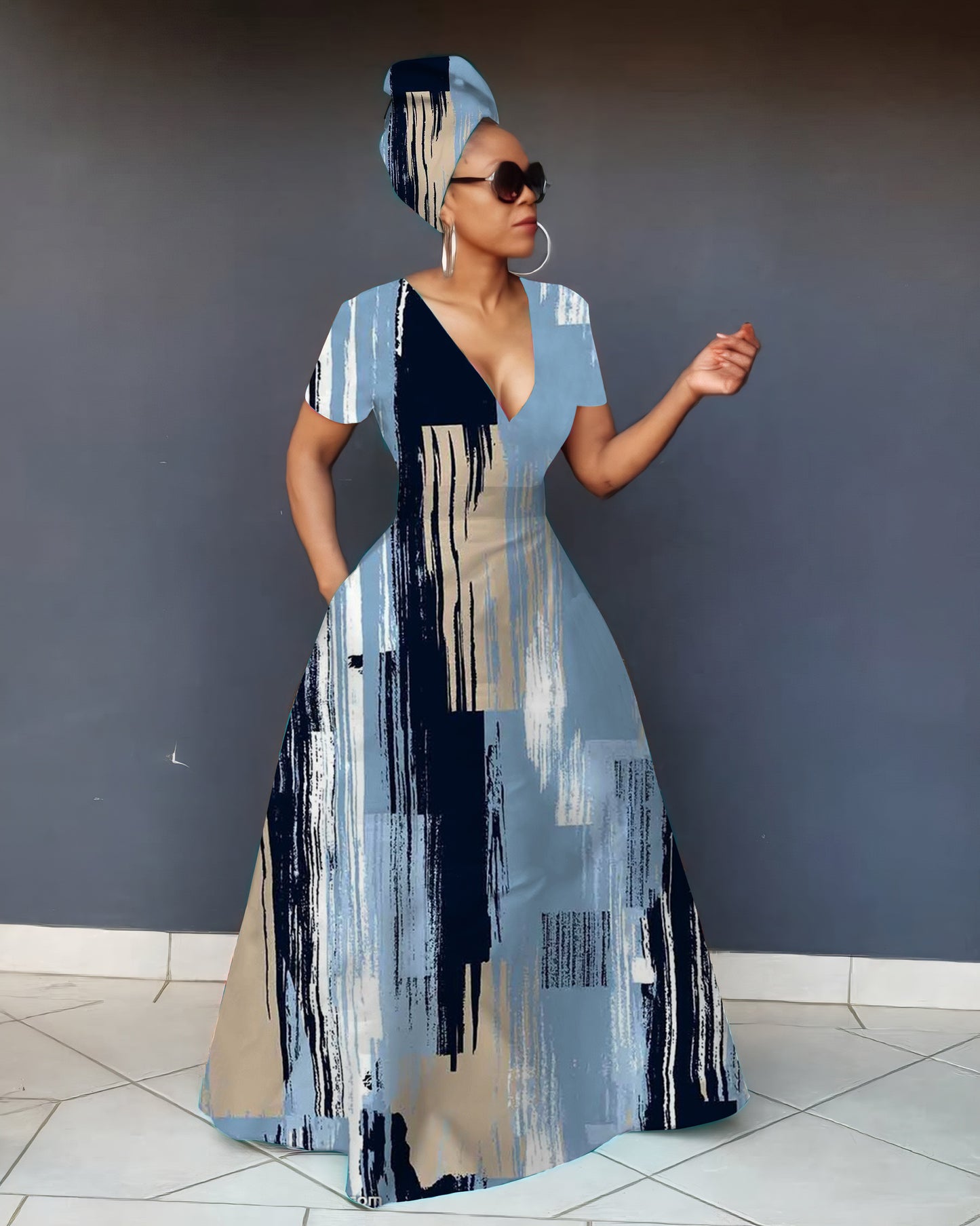 V Neck Irregular Vertical Stripes Short Sleeve Maxi Dress