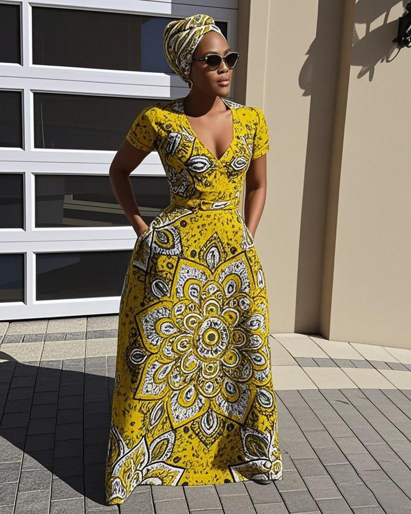 V Neck Ethnic African Style Short Sleeve Maxi Dress