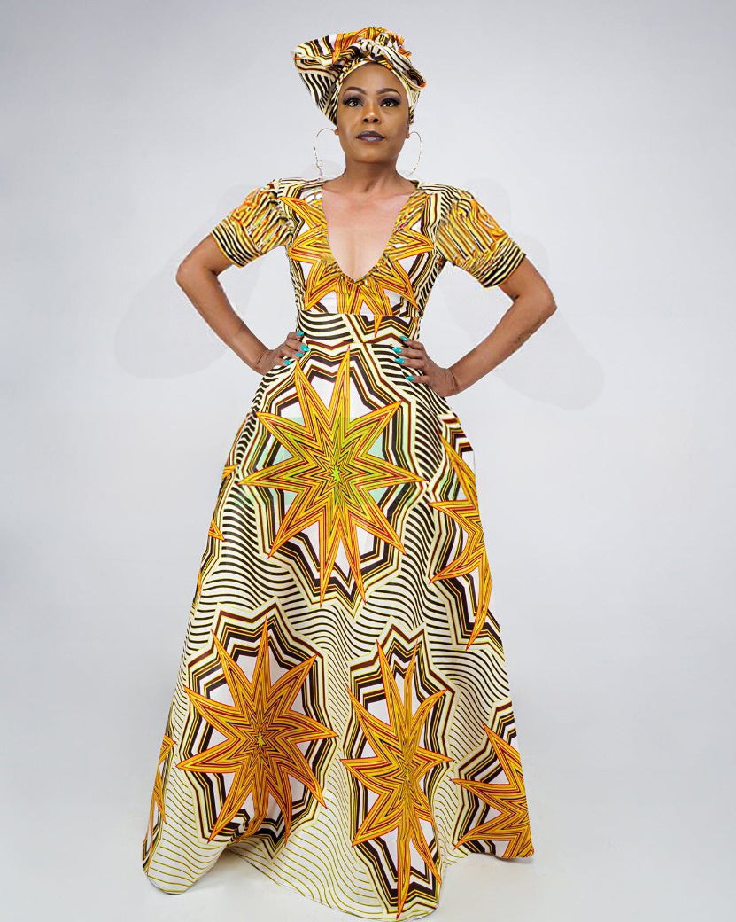 V Neck African Yellow Stars and Stripes Short Sleeve Maxi Dress