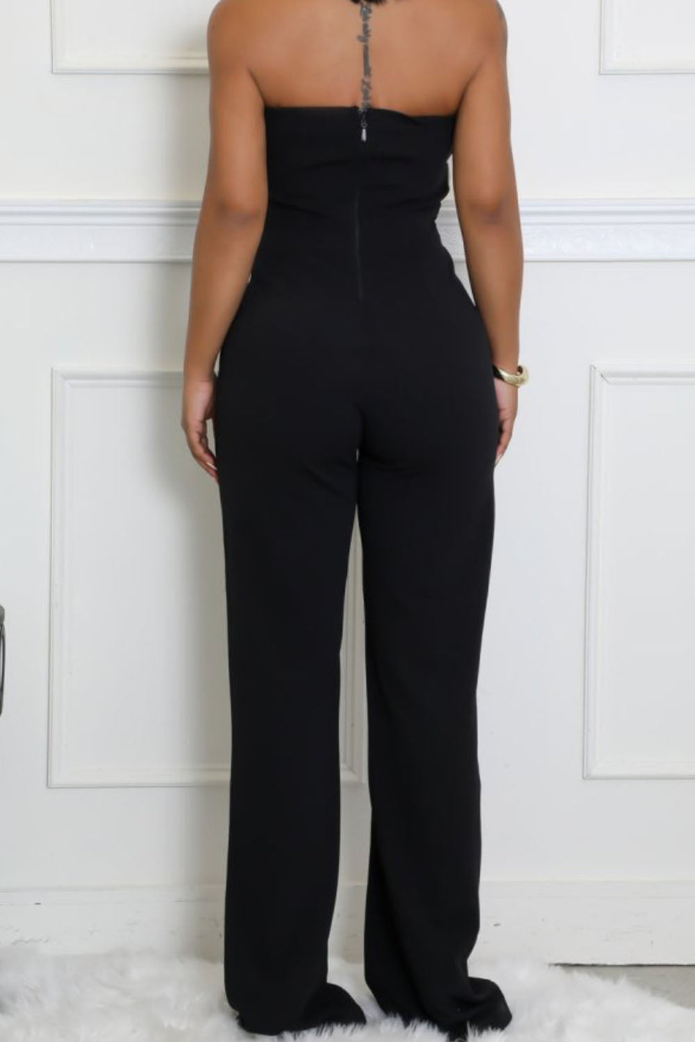 Line Printed Strapless Pinch Waist Party Wide Leg Jumpsuit-Red