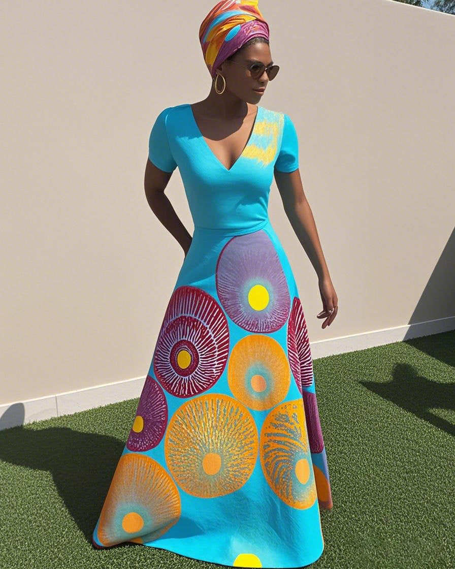 V Neck African Fashion Geometric Prints Short Sleeve Maxi Dress