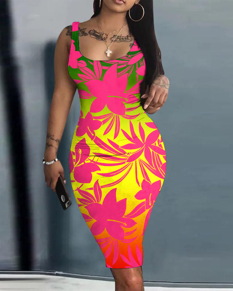 Reggae Flower Plant Bodycon Scoop Neck Mini Dress