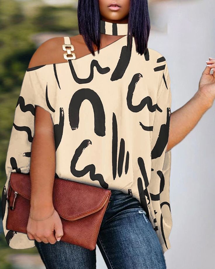 Black Geometric Stripes One Shoulder Blouses Shirt