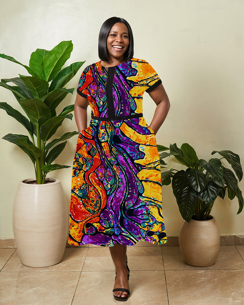 African Colorful Block Print Round Neck Loose Hem Pocket Dress