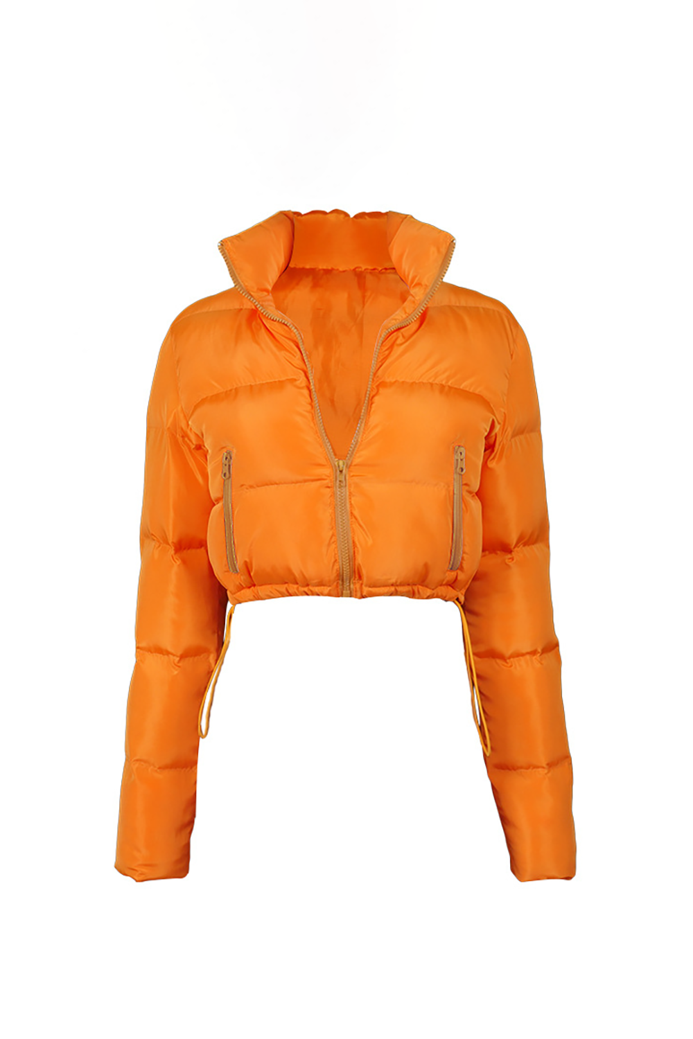 Turndown Collar Long Sleeve Zip-Up Solid Color Crop Down Coat-Orange