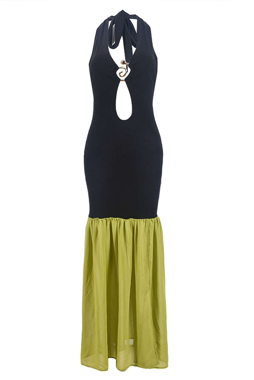 Plunging Neck Fitted Colorblock Flowy Slit Hem Halter Maxi Dresses-Black