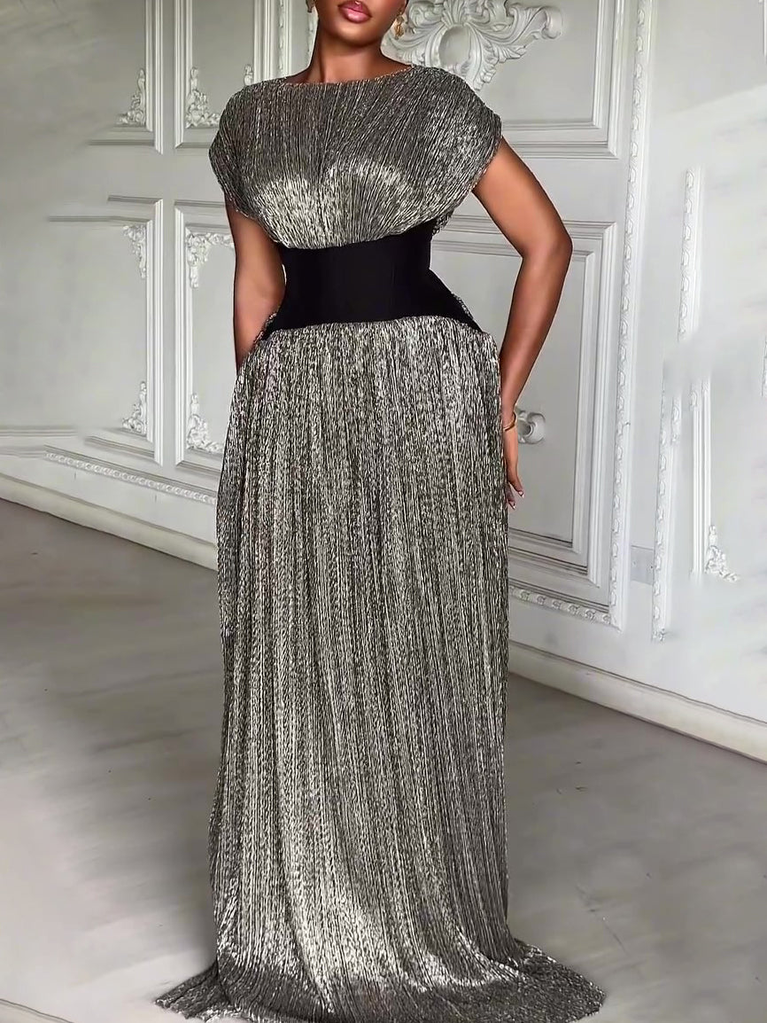 Elegant Shimmery Silver Maxi Dress With Contrast Waist