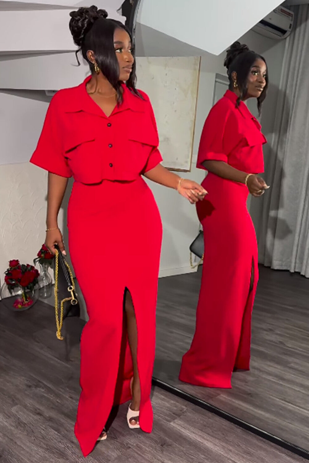 Pocket Half Sleeve Crop Blouse Solid Color Slit Maxi Skirt 2pcs Set-Orange