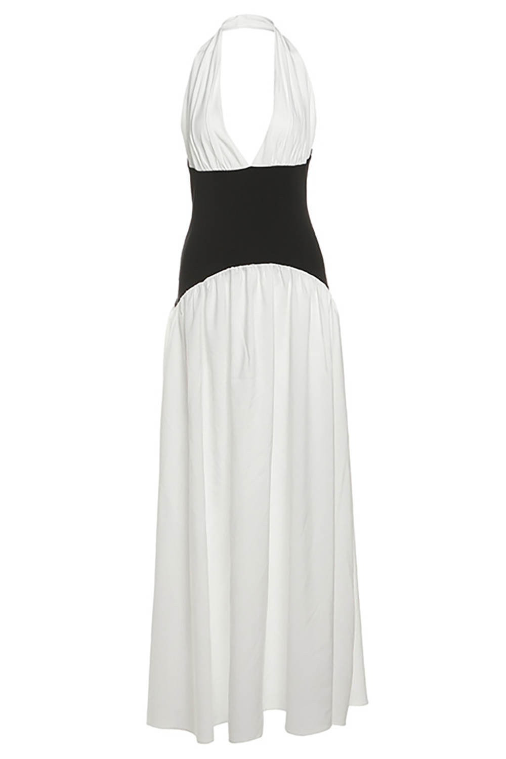 Plunge Neck Colorblock Patchwork Cinch Waist Halter Maxi Dresses-White