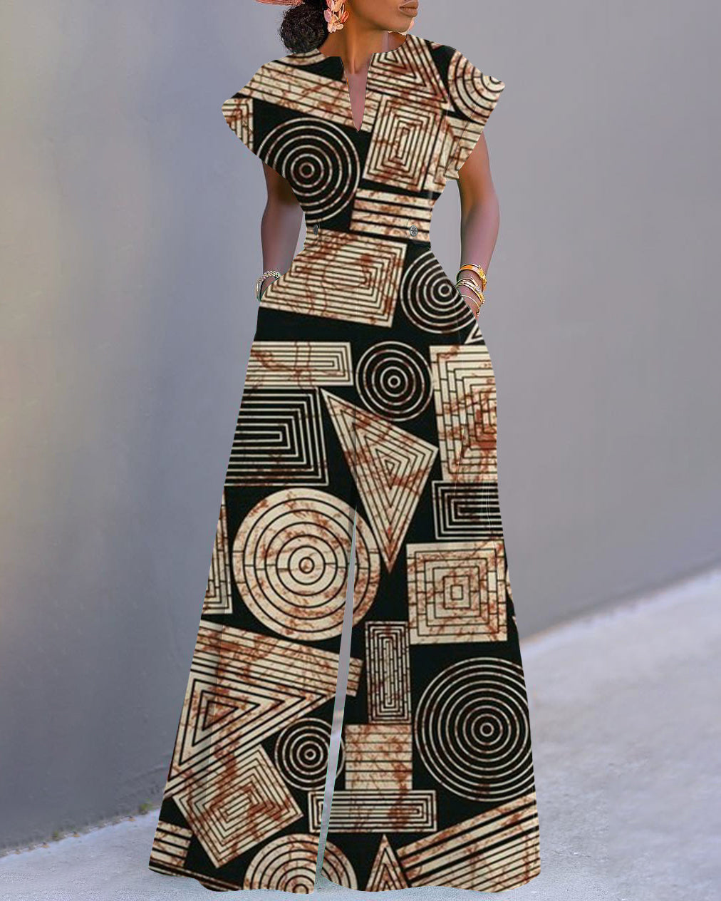 African Geometric Print Neckline Batwing Sleeve Wide Leg Jumpsuit