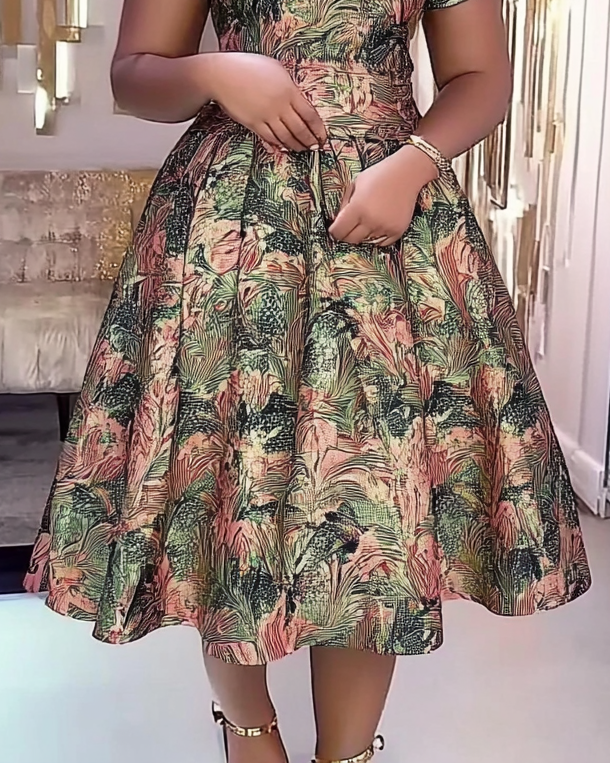 Women's Summer Elegant Round Neck Short Sleeve Pattern Midi Dress