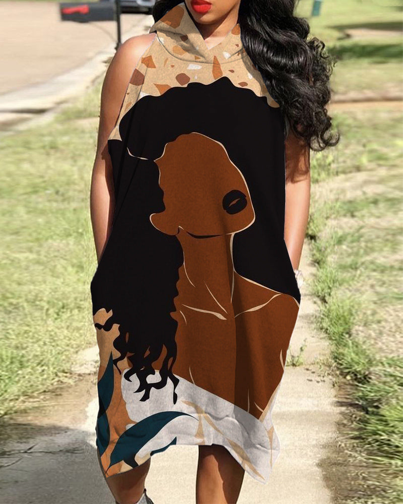 Black Magic Girl Art Print Sleeveless Hooded Pocket Dress