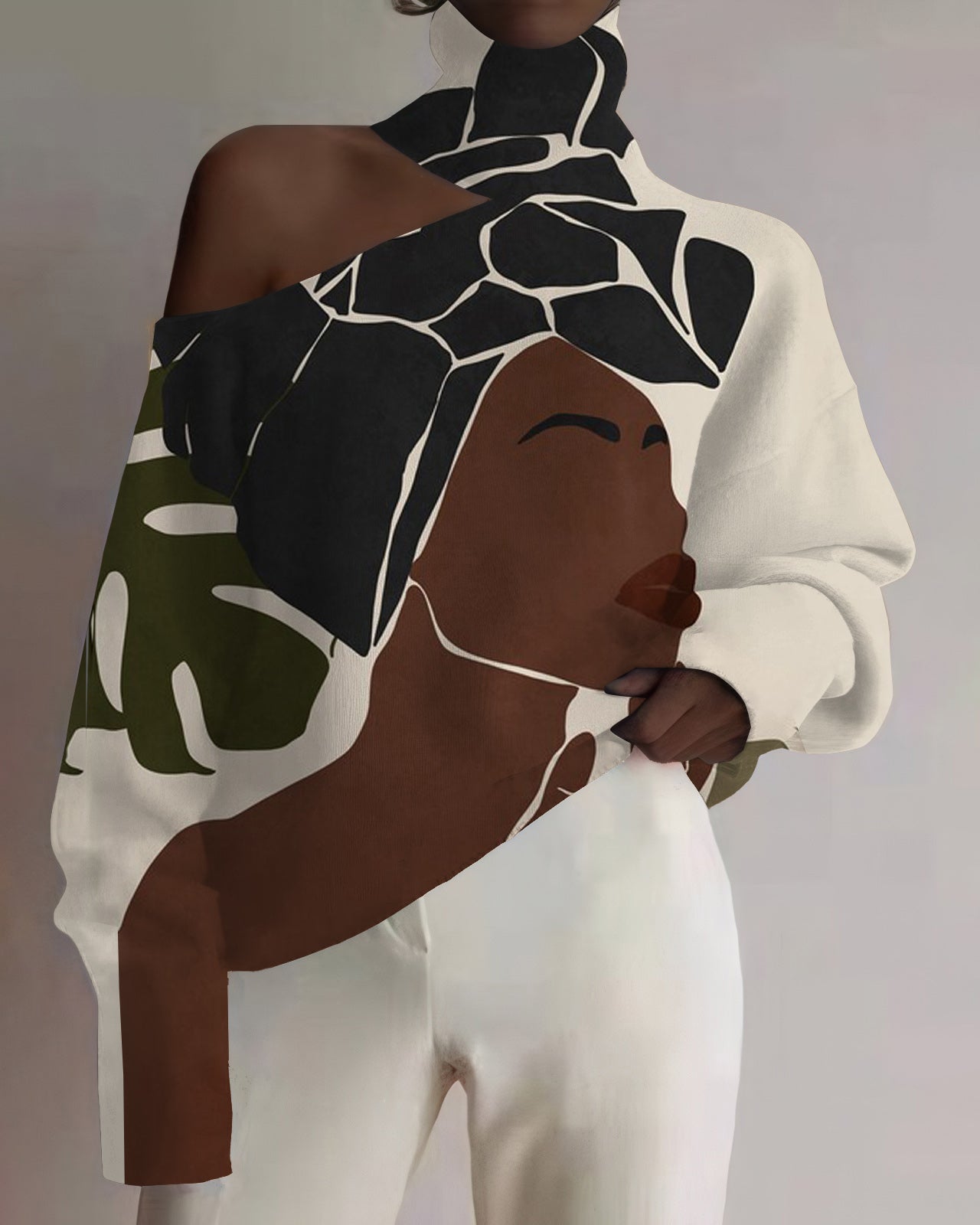 Headscarf Woman Illustration Hollow-cut Turtleneck Top