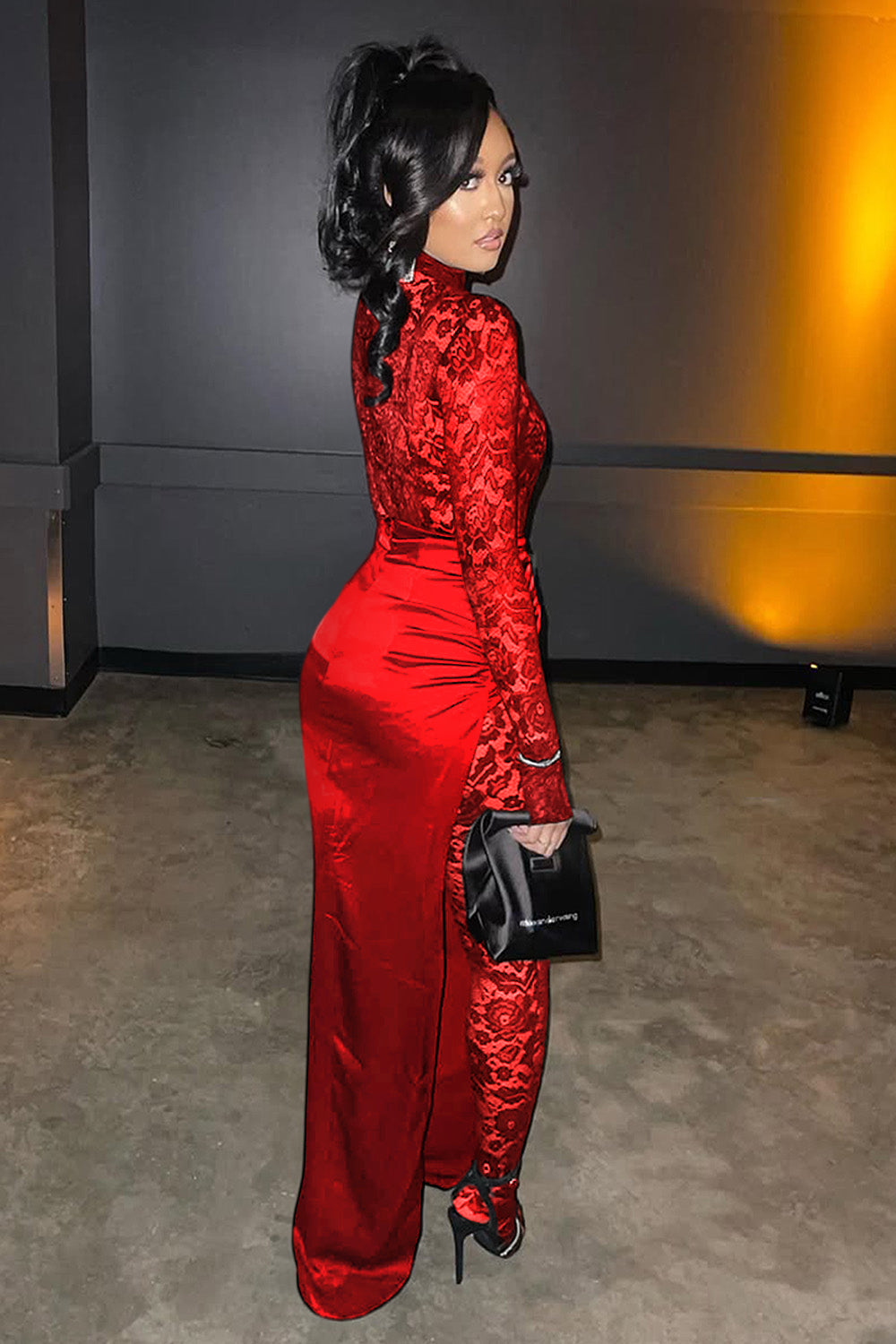 Mock Neck Bodycon Lace Jumpsuit Maxi Skirt Party 2pcs Set-Black