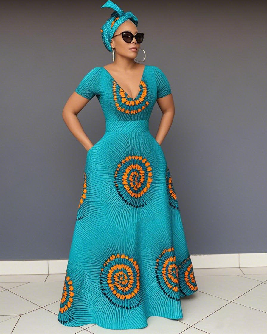 V Neck African Blue Swirl Short Sleeve Maxi Dress